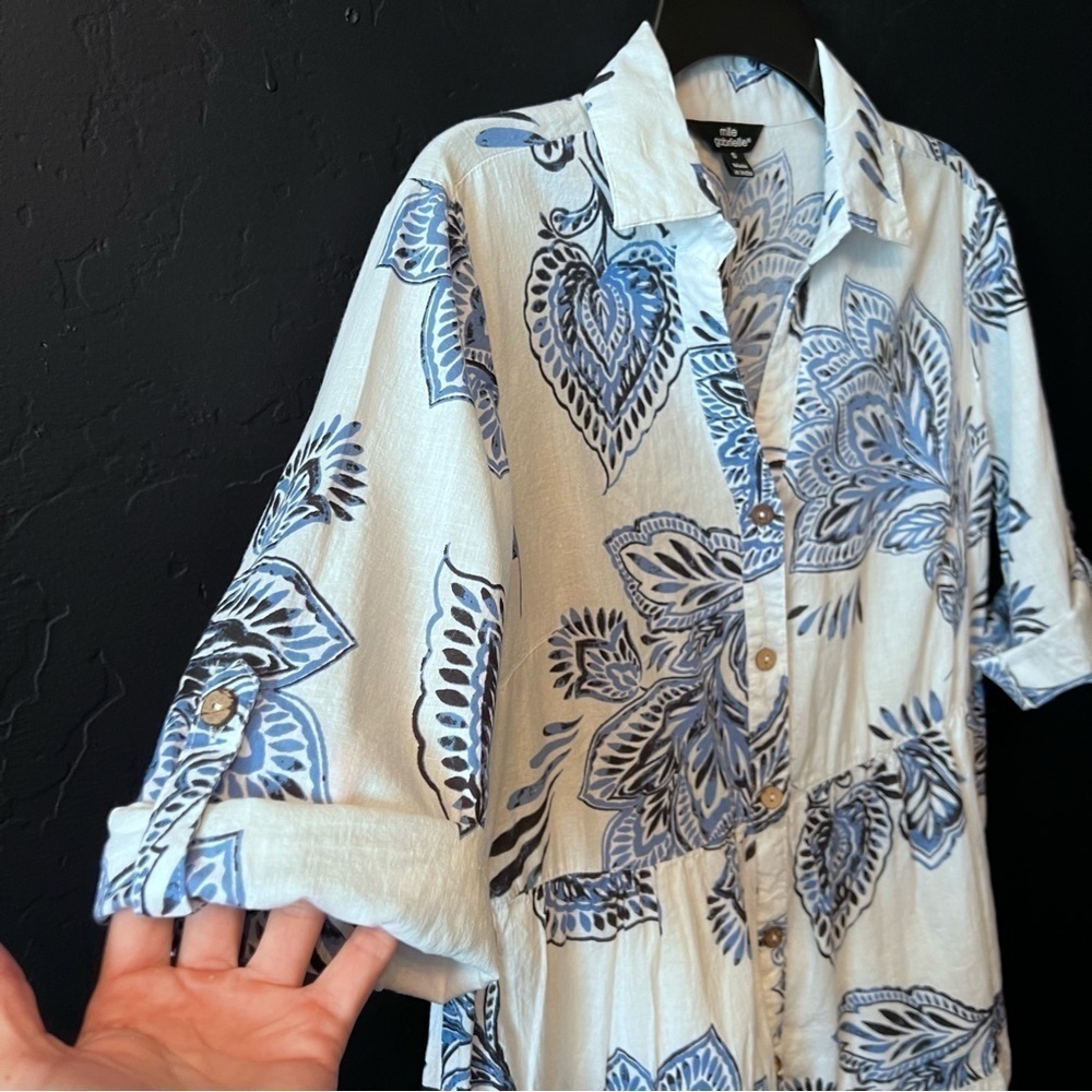 MLLE GABRIELLE • White & Blue print Dress Size S oversized dress No belt - Picture 5 of 12